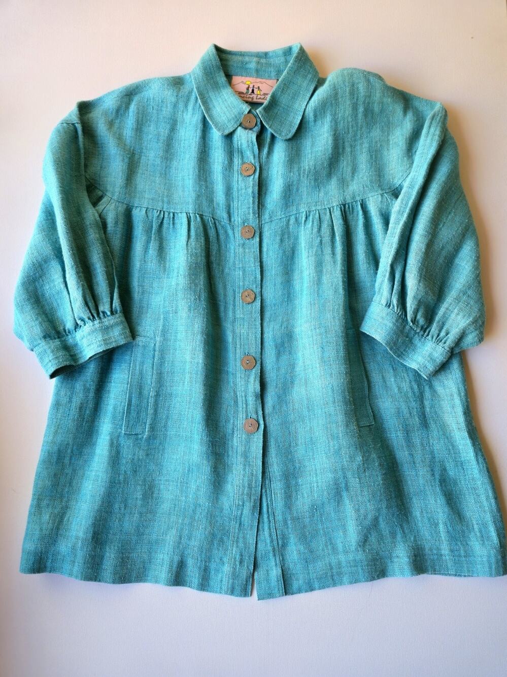 Dancing Ladies Hemp Embroidered Lagenlook Jacket Coin Button Turquoise SZ L